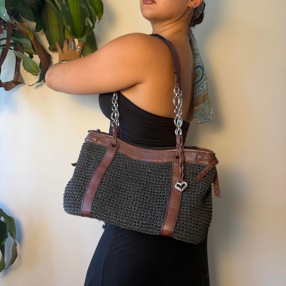 Brighton Black Crochet Shoulder Bag Leather Trim Silver Heart Charm Whimsygoth